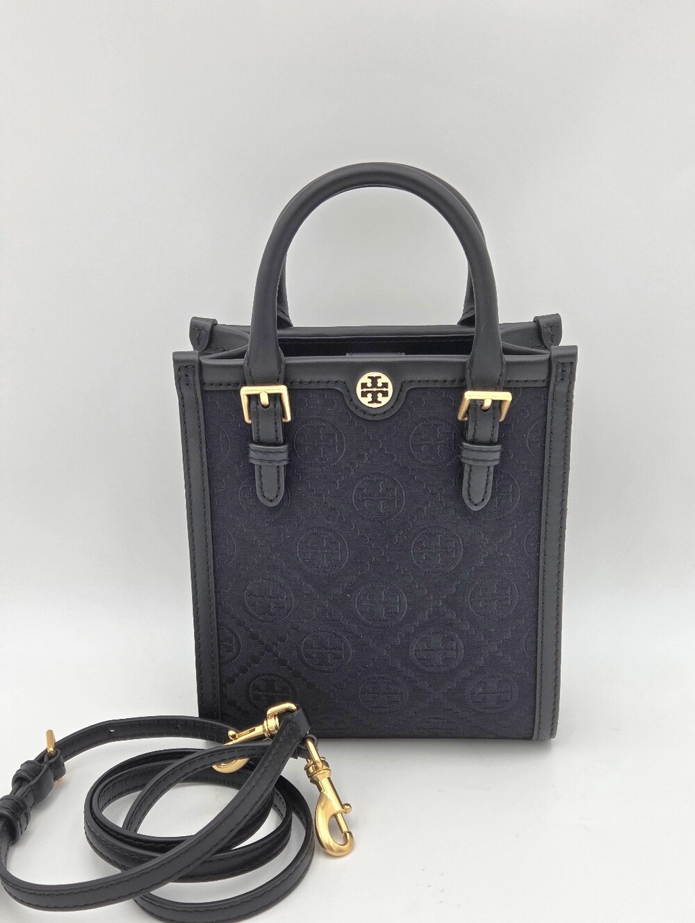 Tory Burch Mini T Monogram Tote In Black